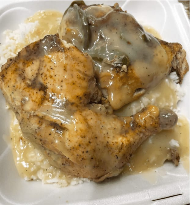 Baked Chicken with Rice and Gravy.
